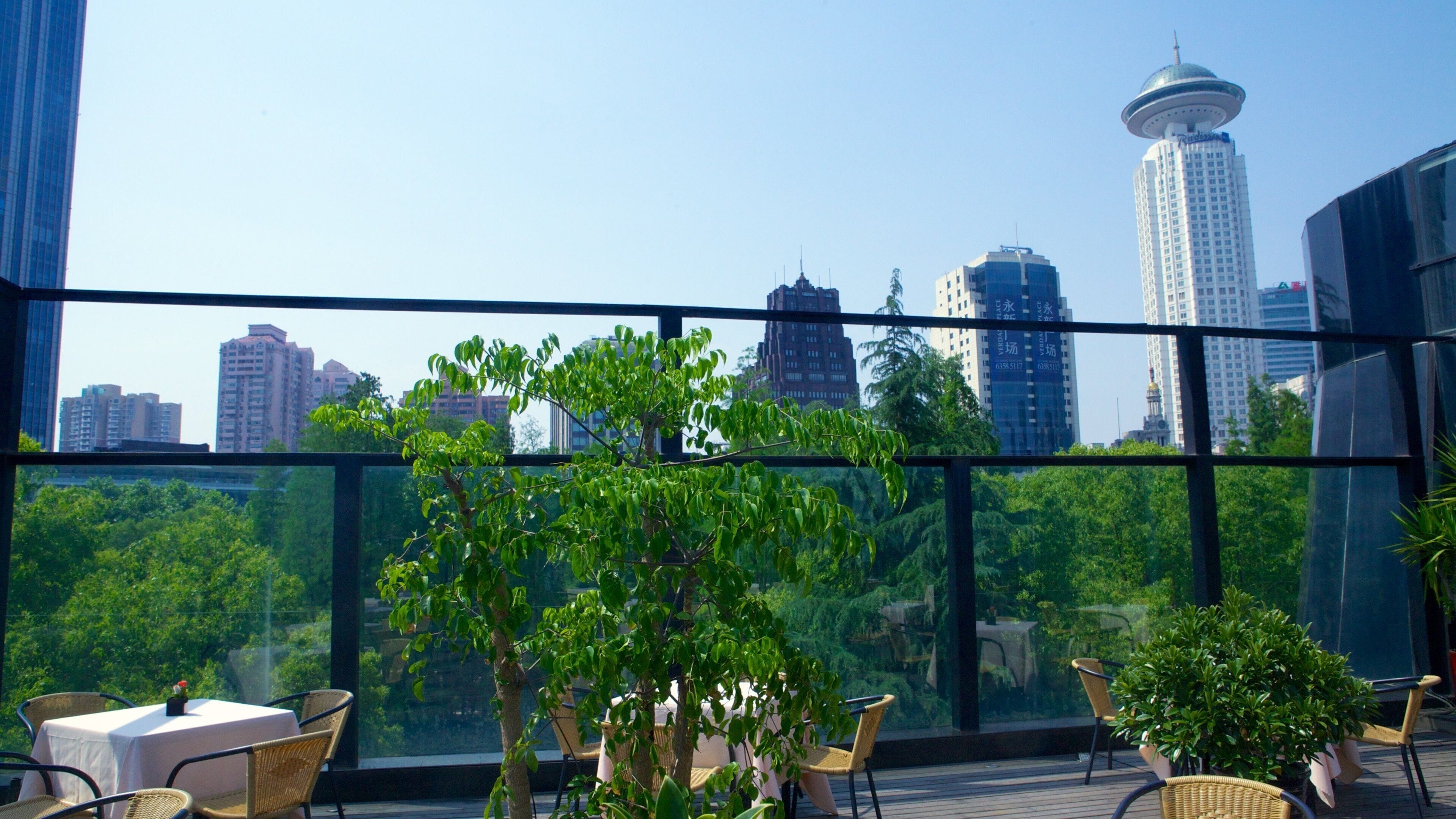 Museo MOCA de Shanghái mostrando una ciudad y comidas al aire libre