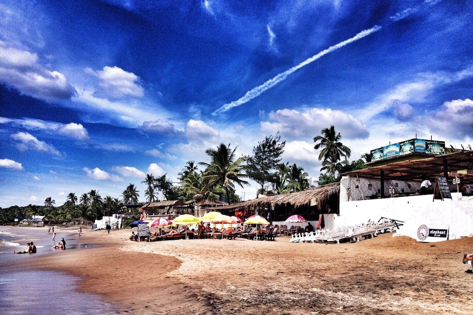 A beach with palm trees, beach umbrellas, and a building with a sign.