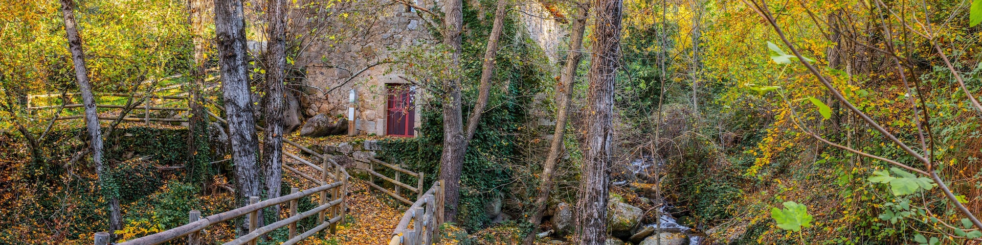A stone building with a red door surrounded by autumn foliage and a wooden bridge over a stream.