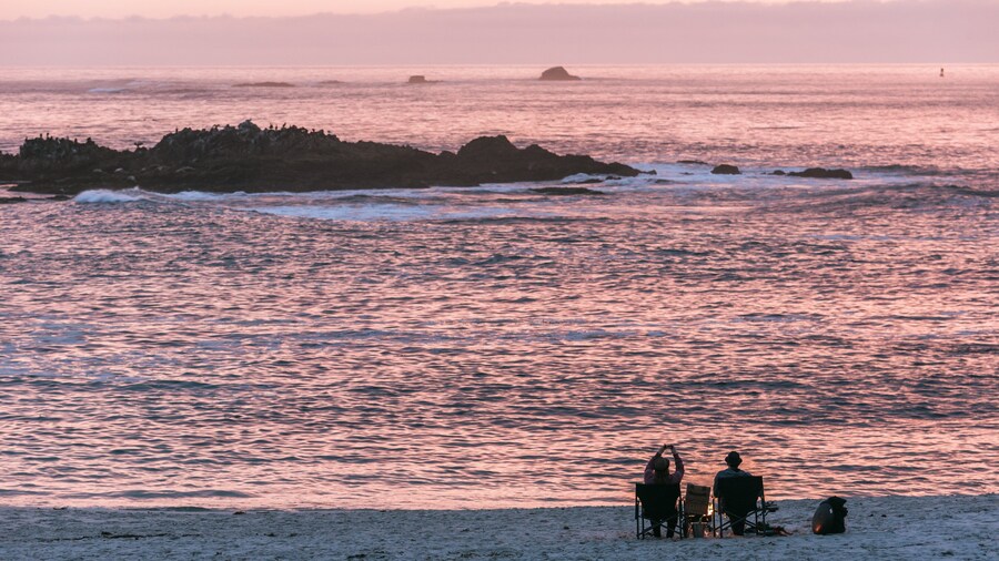 17-Mile Drive showing a sunset and general coastal views as well as a couple