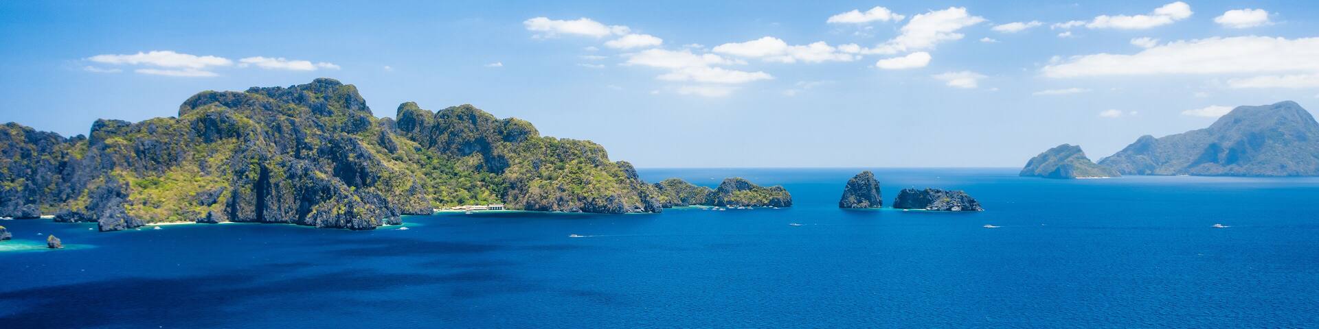 Aerial view of Bacuit archipelago. Miniloc island in background. Palawan, Philippines