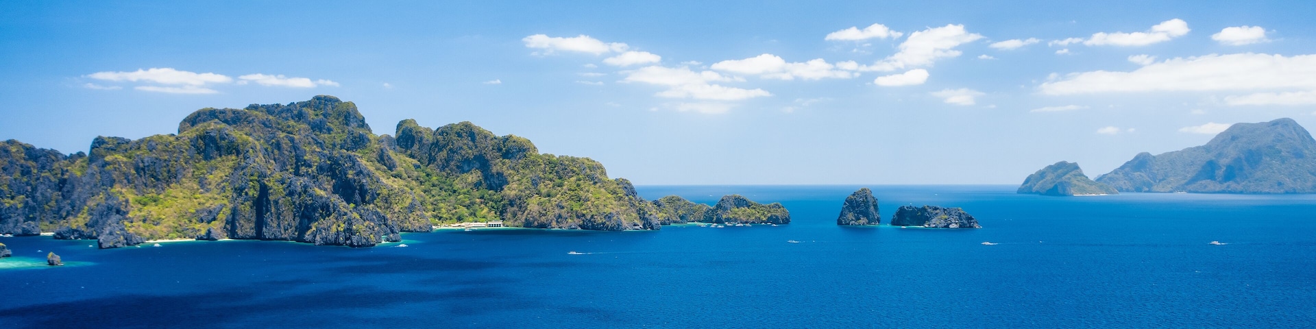 Aerial view of Bacuit archipelago. Miniloc island in background. Palawan, Philippines