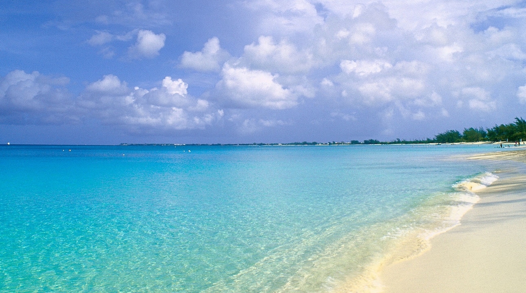 Ein Strand mit klarem türkisblauem Wasser, einem sandigen Ufer und einem teilweise bewölkten Himmel.