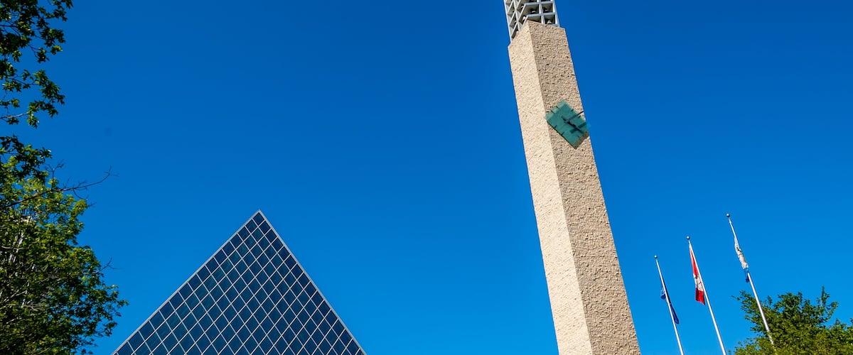 Clock tower and flags at Edmonton's City Hall