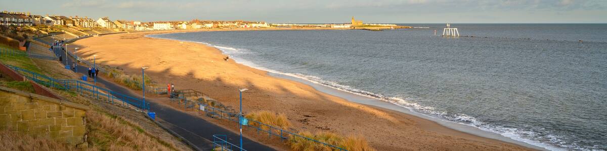 Elevated View of Newbiggin Bay, at Newbiggin-By-The-Sea, a small town in Northumberland, England, on the North Sea coast