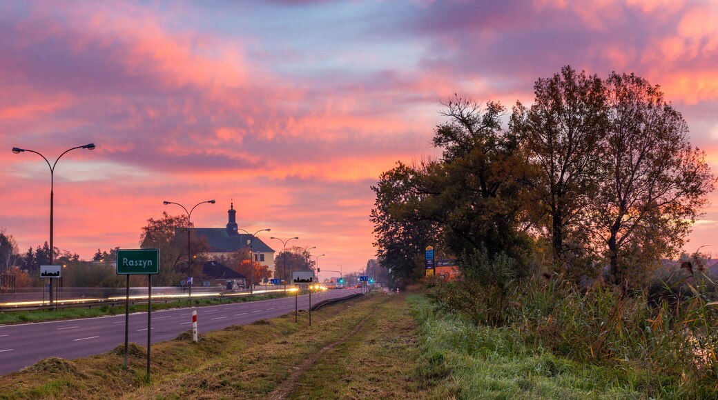 Dawn over the church in Raszyn, Masovia, Poland