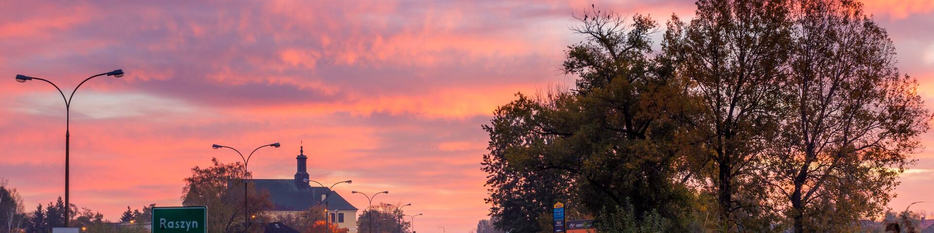 Dawn over the church in Raszyn, Masovia, Poland