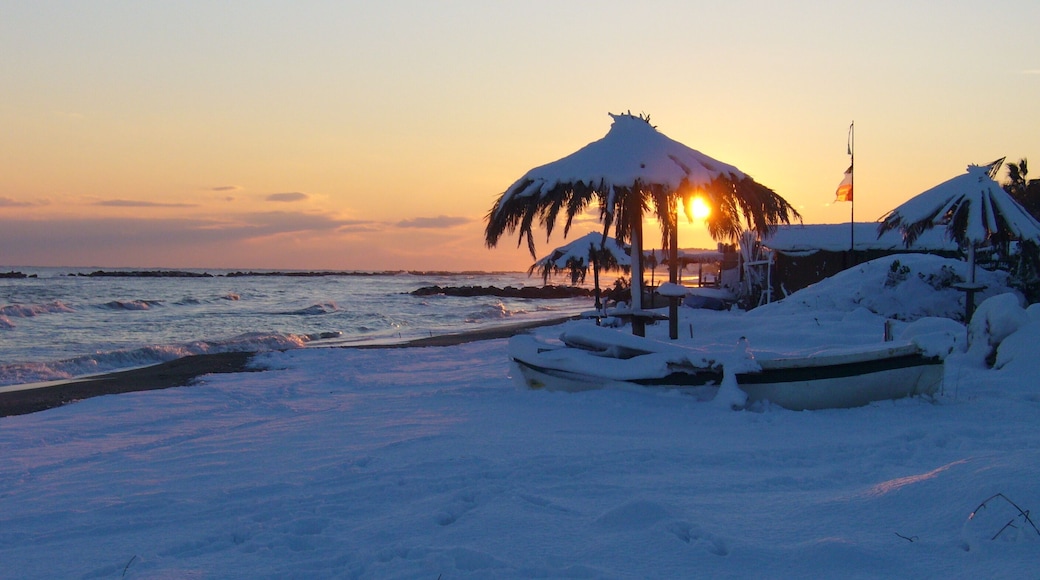 Spiaggia all'alba con la neve