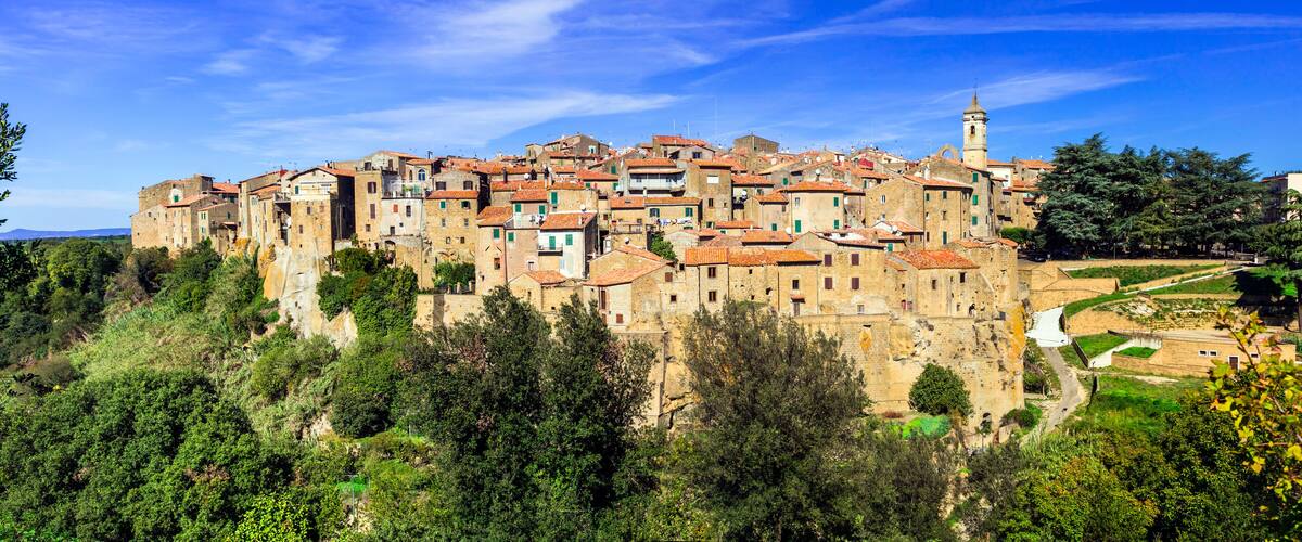 A historic town with a prominent tower and dense architecture surrounded by lush greenery.