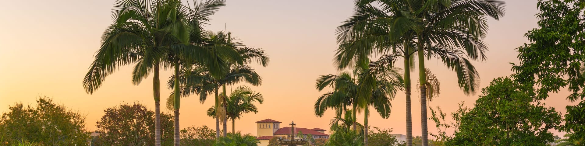 A circular fountain with a statue in the center, surrounded by palm trees and a building with a red roof in the background.