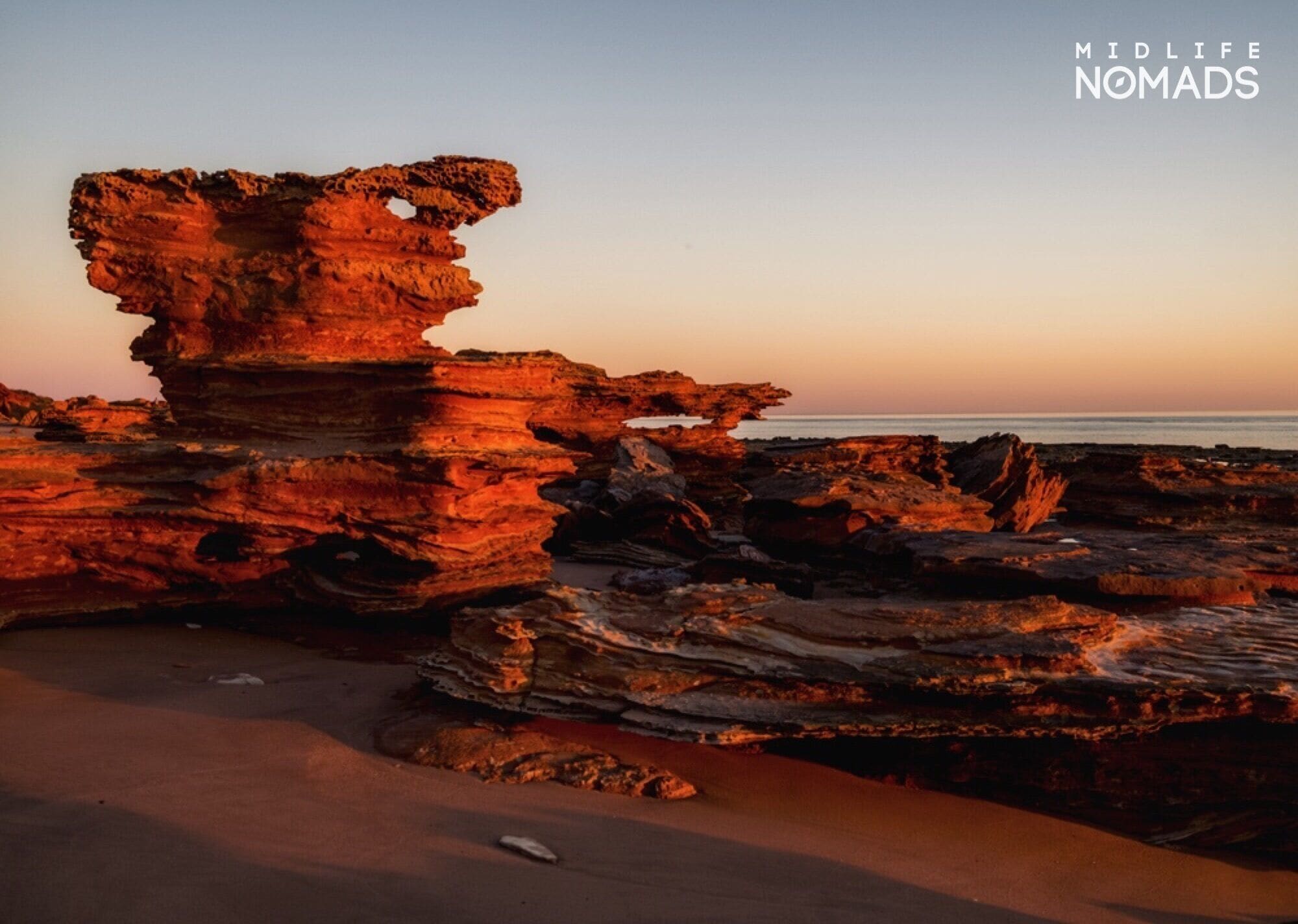 Minyirr - Gantheaume Point is on the tip of Dampier Peninsula. Here the red sands of the Australian desert flow directly into the clear turquoise blue waters of the Indian Ocean. #nature

Riddell Beach is tucked away on the southern side of the point easily missed unless you have a 4wd and some directions from a local.

Wind and waves over the eons have sculptured the sandstone cliffs into a fantastic prehistoric landscape. At sunset the rocks seem to glow from within contrasting starkly with the long strange shadows thrown.