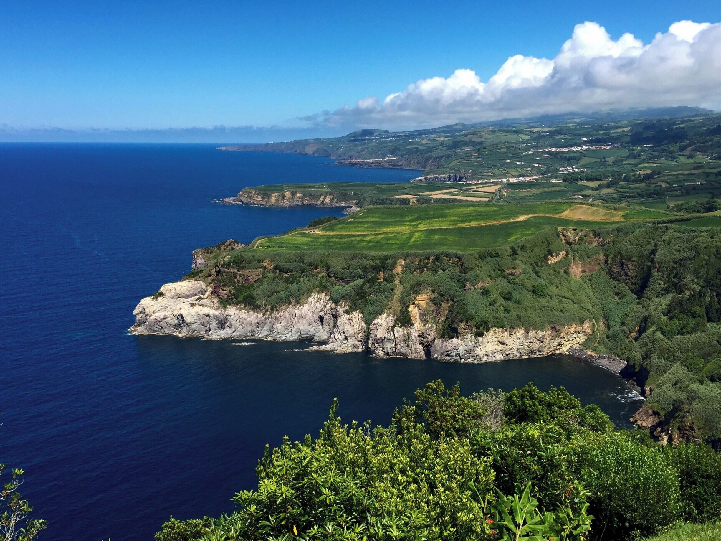 A coastal landscape with cliffs, a golf course, and a view of the ocean.