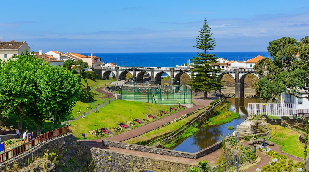 Panoramic cityscape view to Municipality and central square of Ribeira Grande, Sao Miguel, Azores