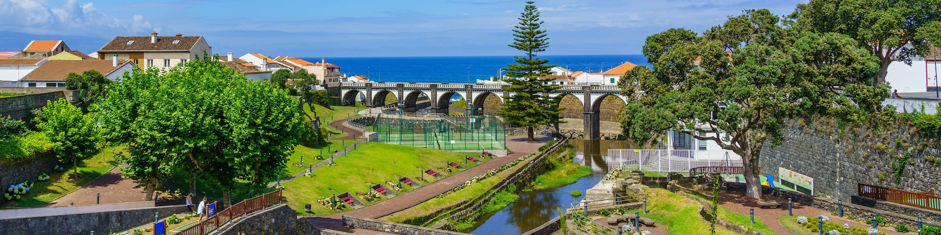 Panoramic cityscape view to Municipality and central square of Ribeira Grande, Sao Miguel, Azores