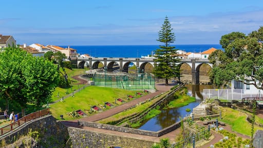 Panoramic cityscape view to Municipality and central square of Ribeira Grande, Sao Miguel, Azores