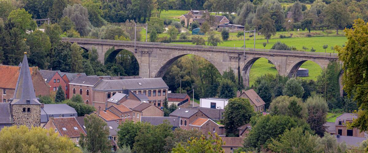 A stone bridge, green fields, and a town with buildings.