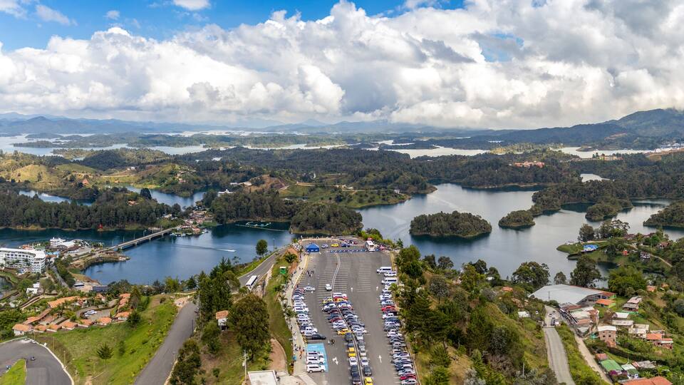 Panoramic View of Guatapé, Colombia with Scenic Lake