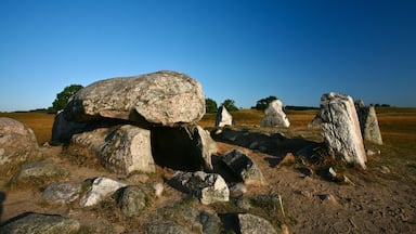 Un círculo de piedras con grandes cantos rodados y un cielo azul despejado.