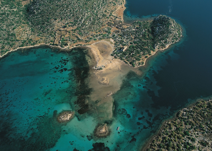 Aerial view of Yesilova Sombeki Bay , Bozburun , Marmaris Turkey