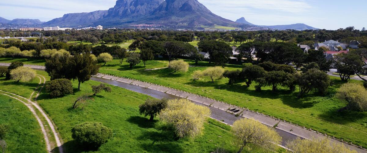 Aerial drone view of the eastern side of Table Mountain during the day, as viewed from Pinelands.