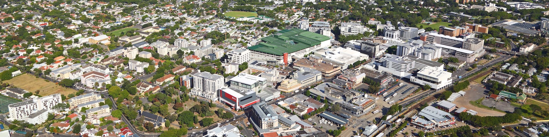 Cape Town, Western Cape / South Africa - 12/21/2016: Aerial photo of Claremont and Cavendish Centre with Table Mountain in the background