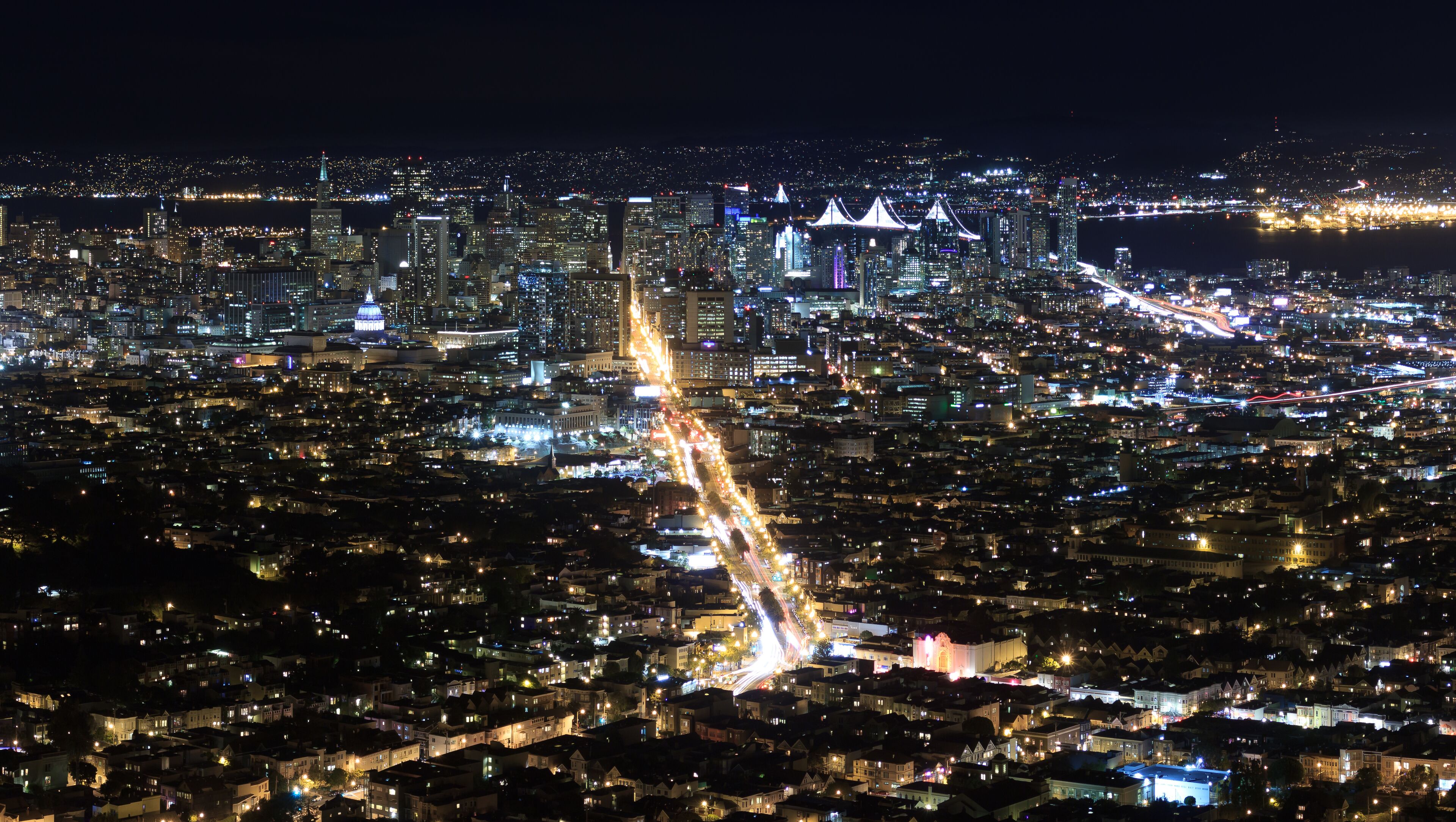 San Francisco from Twin Peaks at night - Financial District and Market Street; Shutterstock ID 472769272