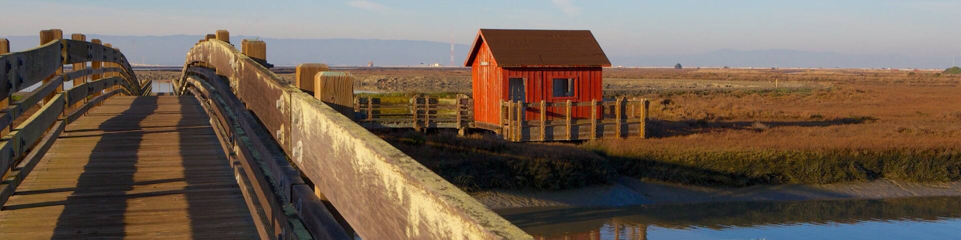 Beautiful twilight at Don Edwards San Francisco Bay National Wildlife Refuge with coastal house and wooden bridge