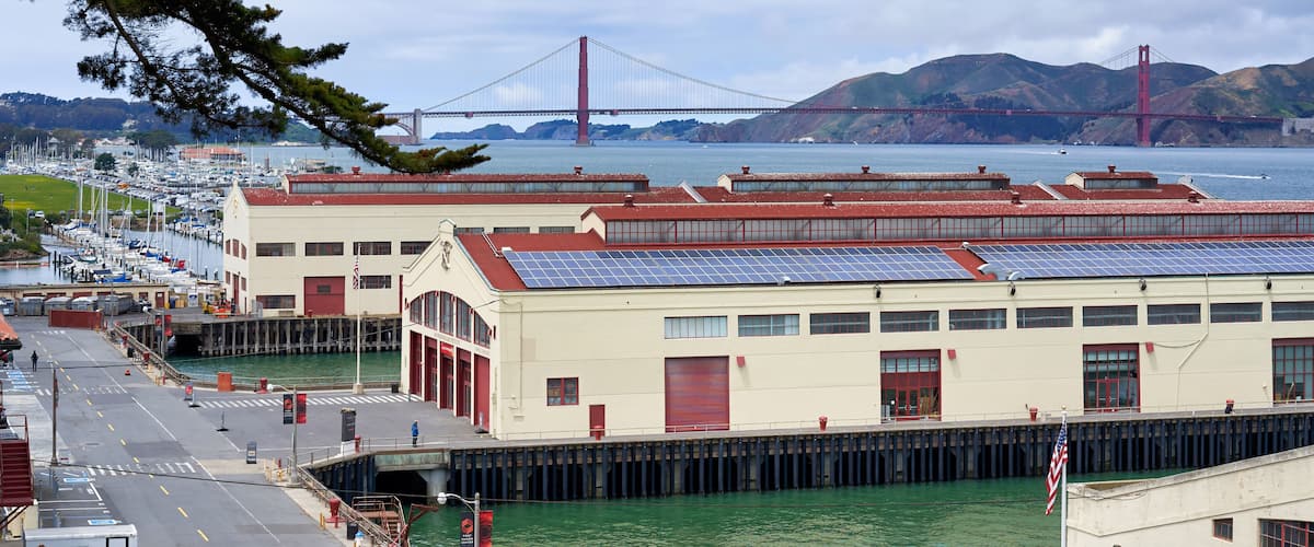 San Francisco, California / USA - May 15, 2018: Festival Pavilion - a large open pavilion building in the Fort Mason complex next to Marina Green and a view of the San Francisco Bay / SFAI