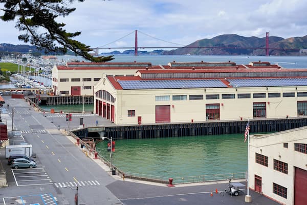 San Francisco, California / USA - May 15, 2018: Festival Pavilion - a large open pavilion building in the Fort Mason complex next to Marina Green and a view of the San Francisco Bay / SFAI