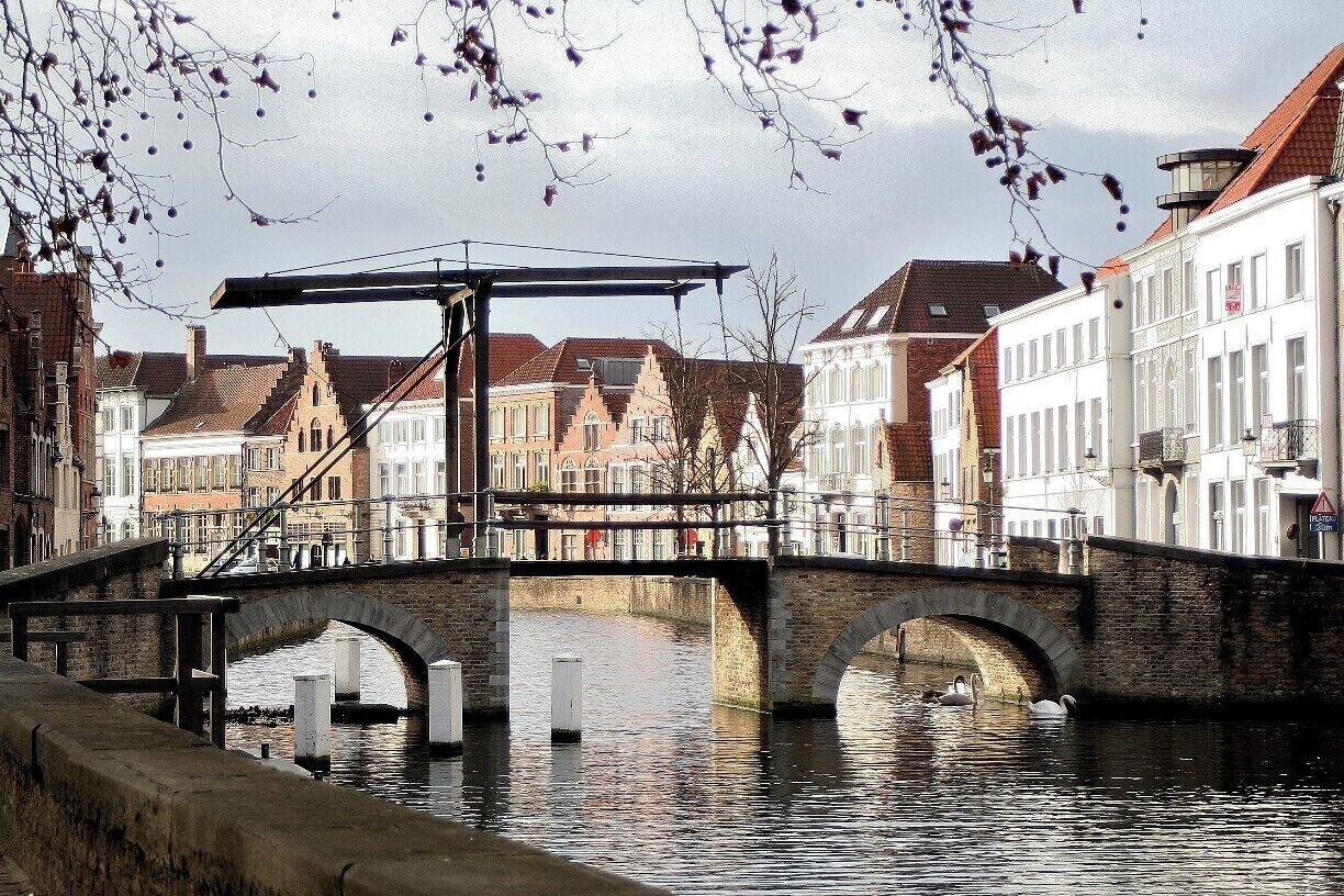Un canal con un puente de piedra, edificios blancos y cisnes.