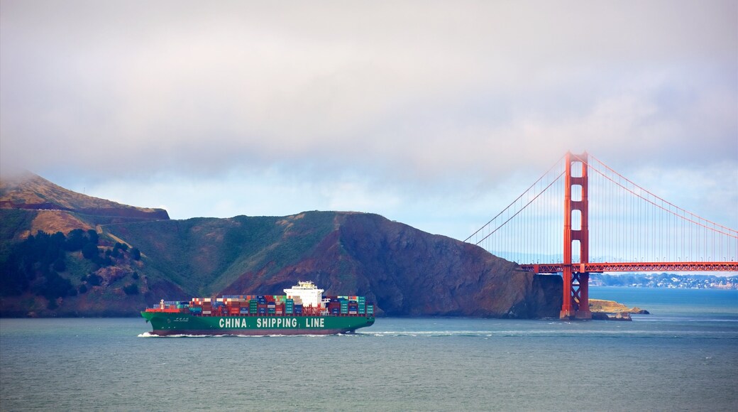 Land\'s End which includes mist or fog, boating and a bridge