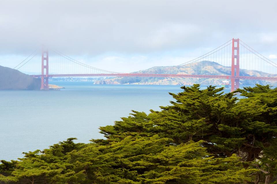 The Golden Gate Bridge spanning a body of water with mountains in the background and green trees in the foreground.