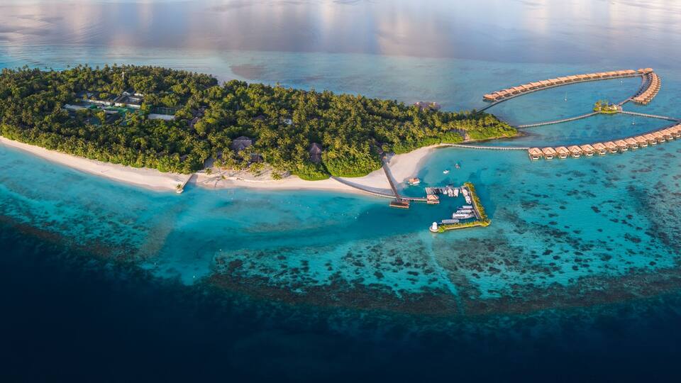 Aerial views of Gaafu Dhaalu Atoll Maguhdhuvaa Island, Maldives