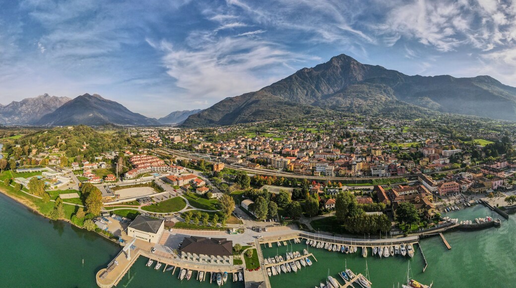 Aerial nature landscape near Colico village in Lake Como Italian Alps mountains in Lombardy