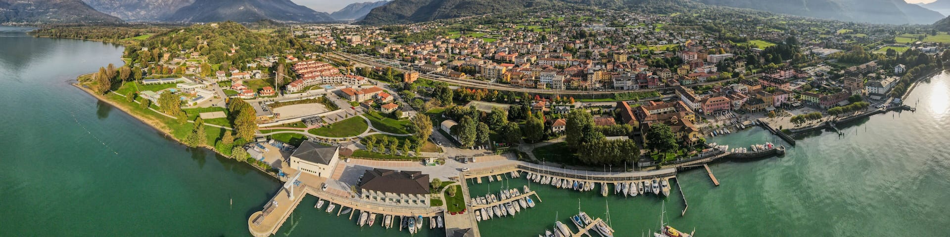 Aerial nature landscape near Colico village in Lake Como Italian Alps mountains in Lombardy