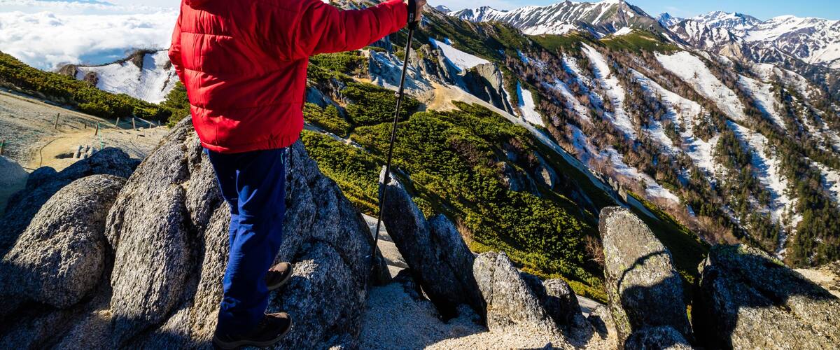 A person in a red jacket standing on rocky terrain with a view of snow-capped mountains and lush greenery.