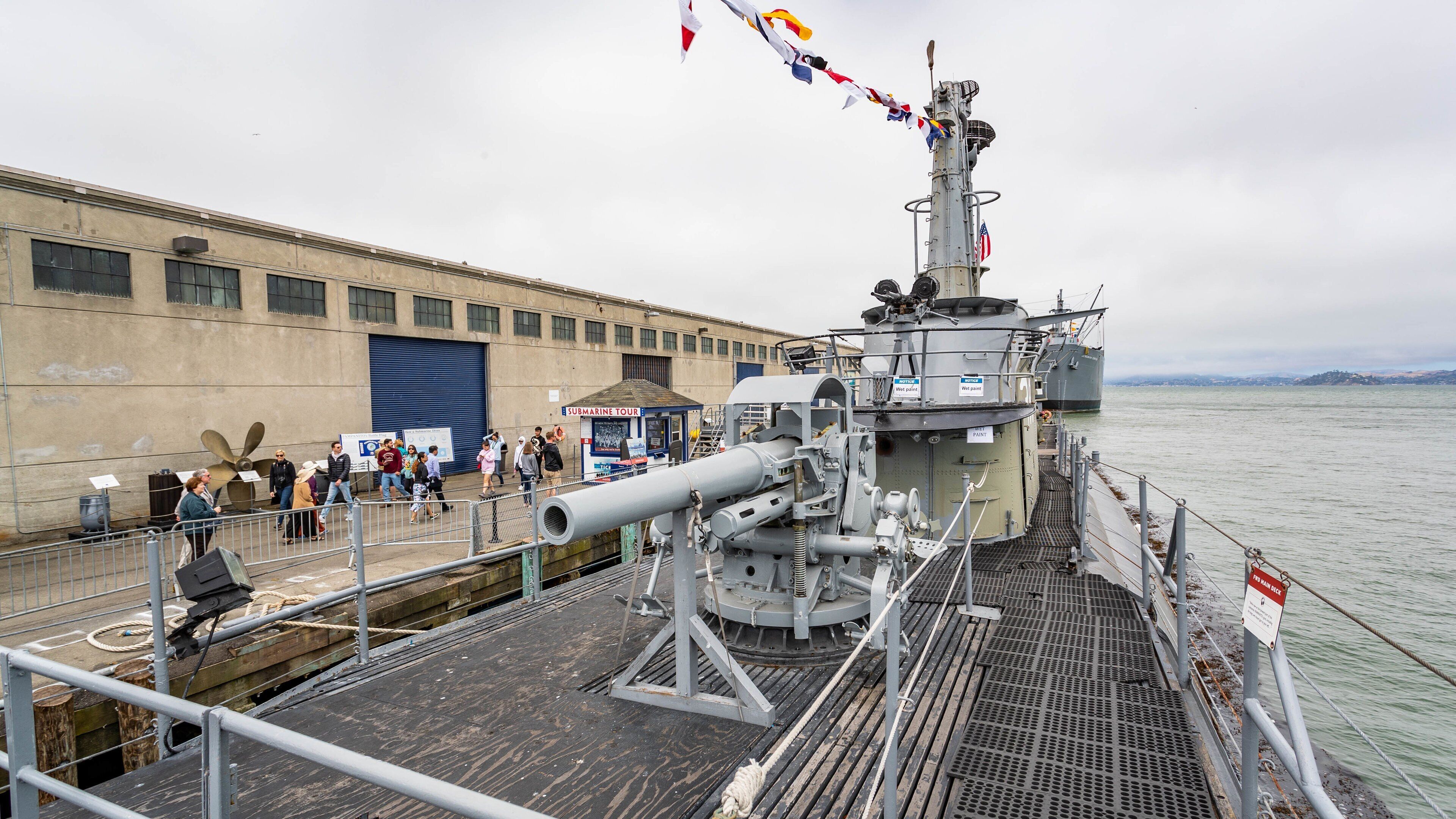 USS Pampanito showing a marina and military items
