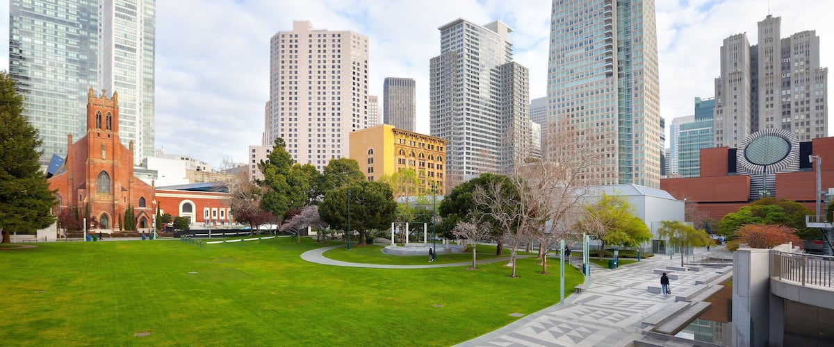 Yerba Buena Gardens and downtown city skyline of San Francisco