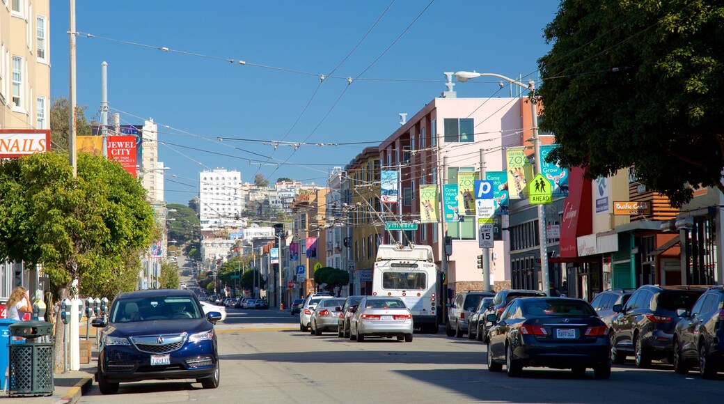 Barrio de Cow Hollow mostrando una ciudad, escenas cotidianas y señalización