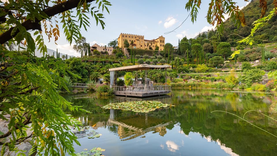 A serene lake with lily pads, a wooden dock, and a castle in the background.