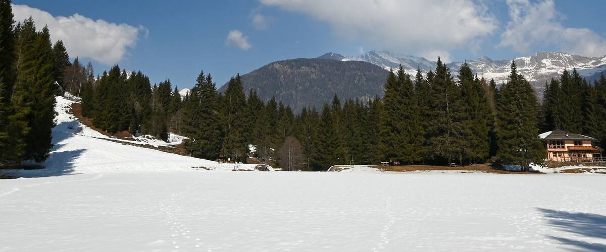 A snowy mountain landscape with a house and dense forest.