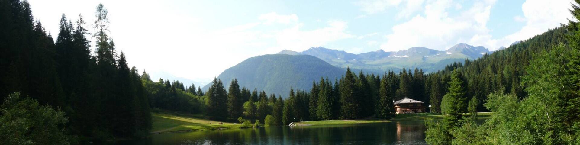 A calm lake surrounded by dense forests and mountains.