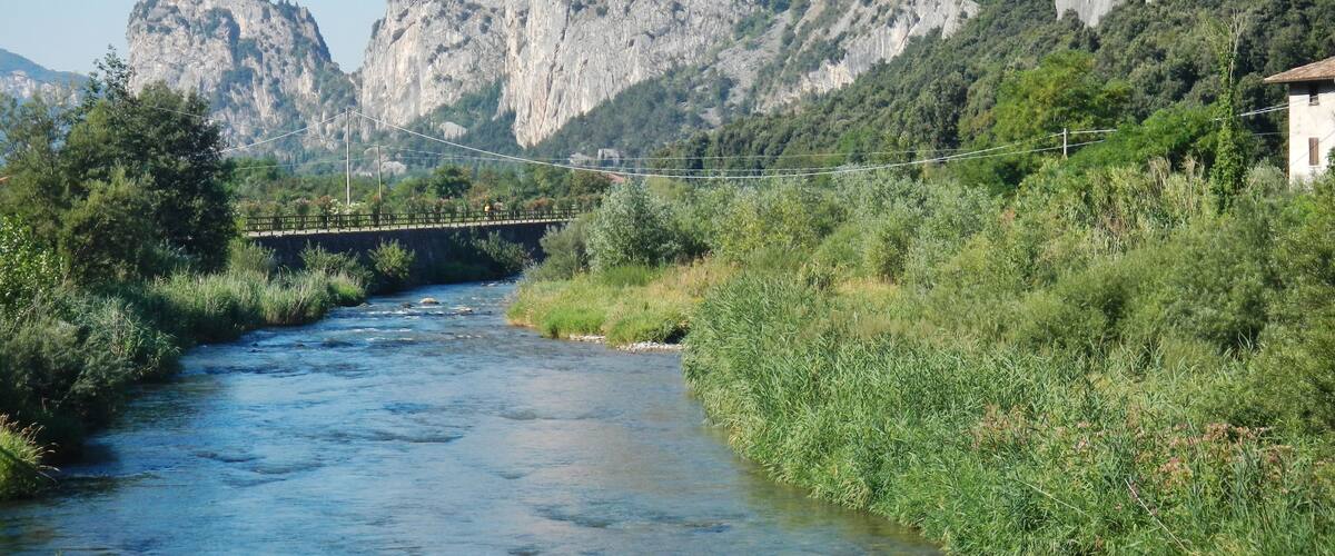 A river flowing through a valley with a bridge and a mountain in the background.