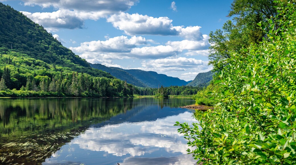Awesome summer view from a verdant hill in Jacques Cartier National Park, Quebec province, Canada