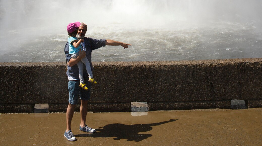 father and kid in front of Montmorency waterfalls in Quebec City