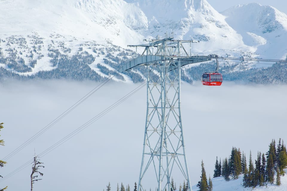A red cable car ascending a mountain amidst snow-covered peaks and a forest.