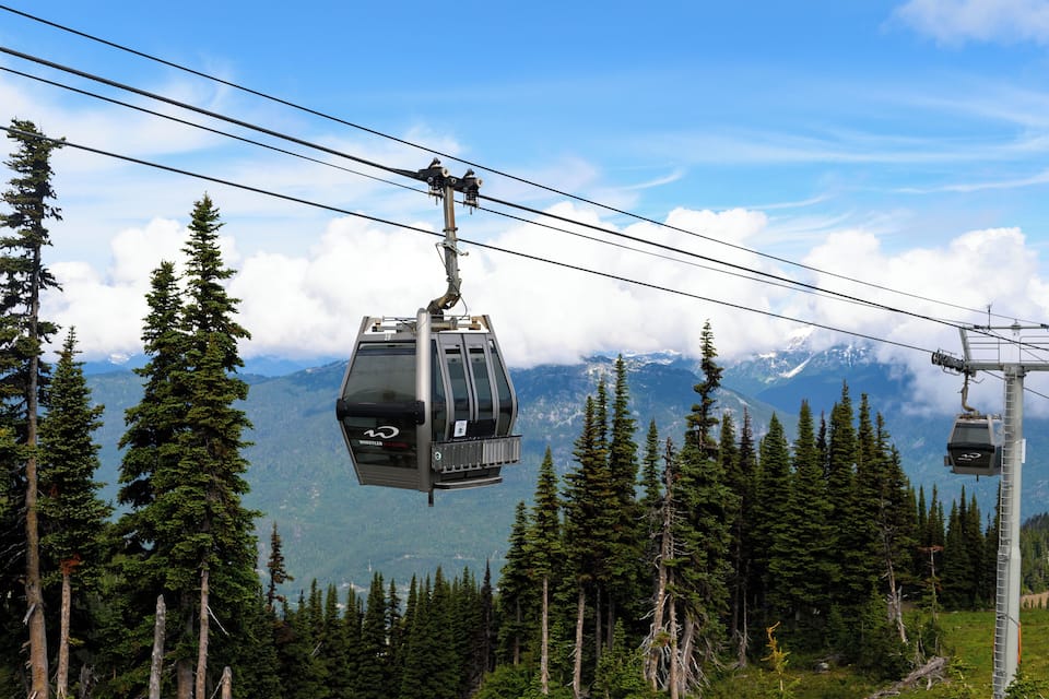 A cable car suspended over a forested mountain area with snow-capped peaks in the background.