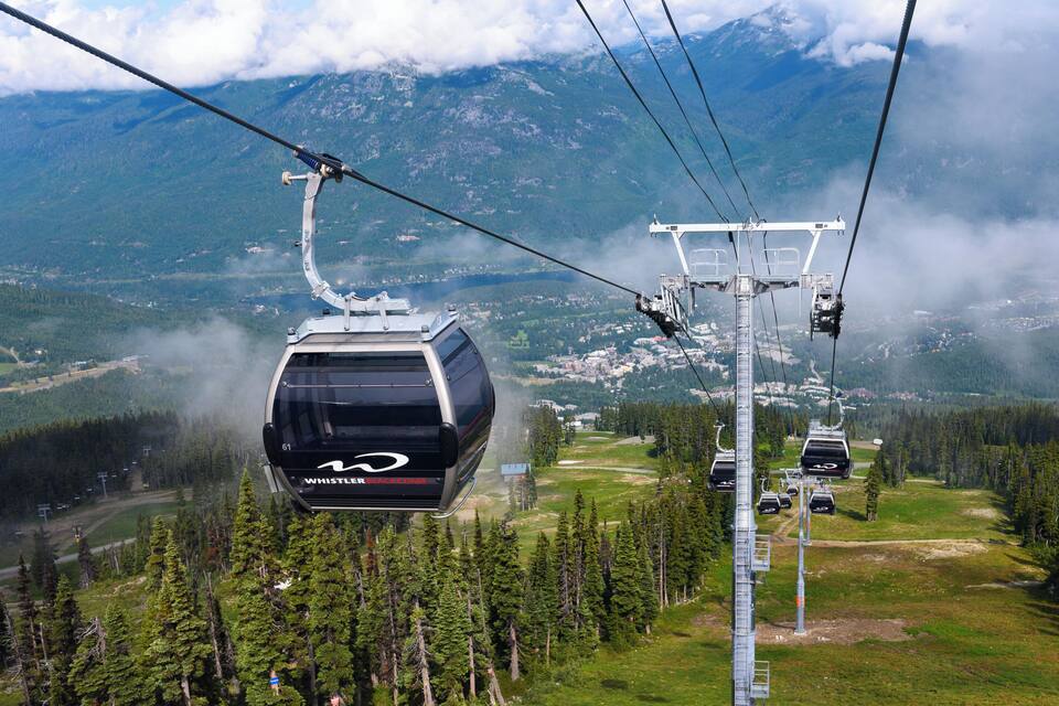 A cable car with the logo "Whistler Racing" suspended over a mountainous landscape with dense forests and a ski resort below.