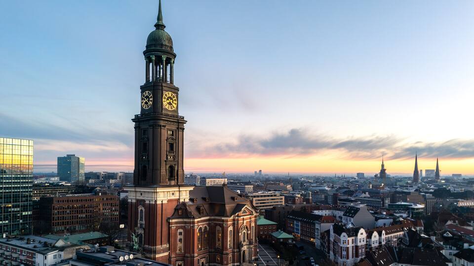 Aerial photo of the famous St. Michaelis Chruch at sunrise in Hamburg