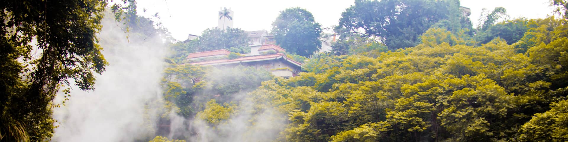 A stone bridge over a rocky area with a misty hot spring and lush greenery in the background.